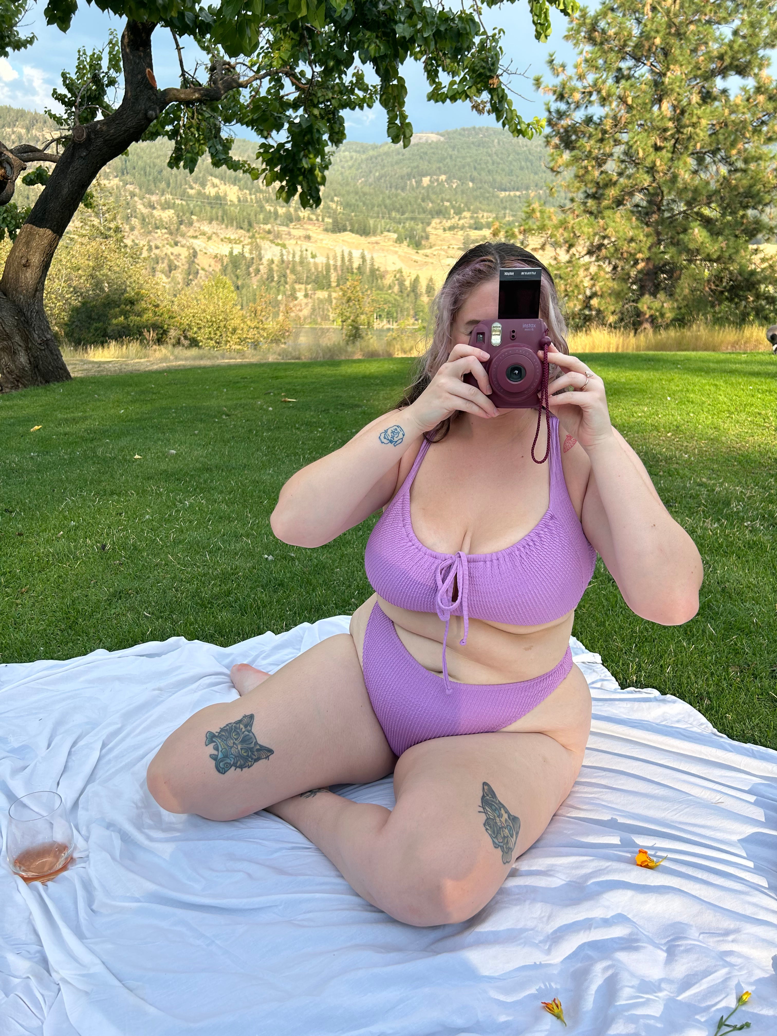 Model wears XL in lavender two piece